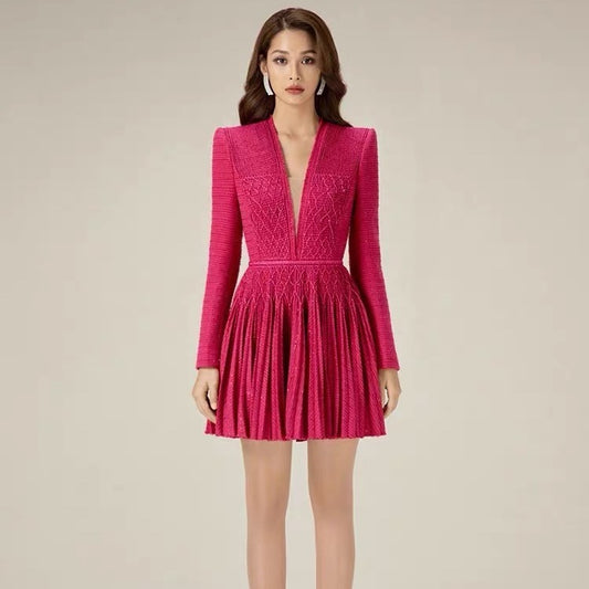 Special Design Long Sleeve Hand-knitted Rope Pleated V-neck Dress (Multiple Colors)