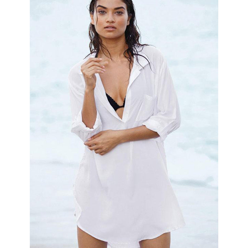 Women's Beach Cover-Up Shirt Dress (White)