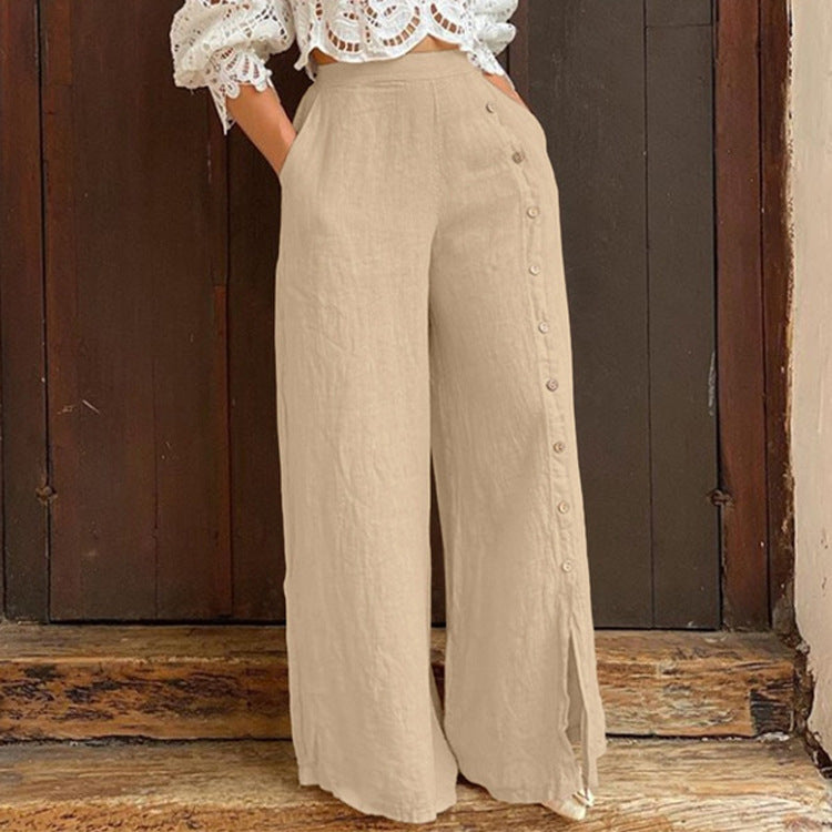 Button Slit Wide Leg High Waist Pants (Multiple Colors)