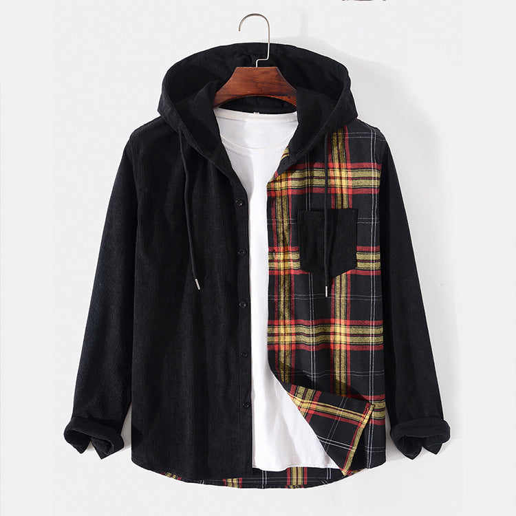 Mens Plaid/Solid Button Up Hoodie (Black)