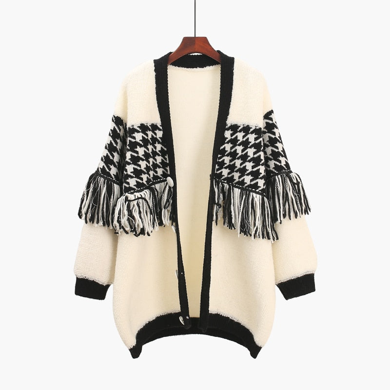 Women's Herringbone Detail V-Neck Fringed Cardigan (Multiple Colors)