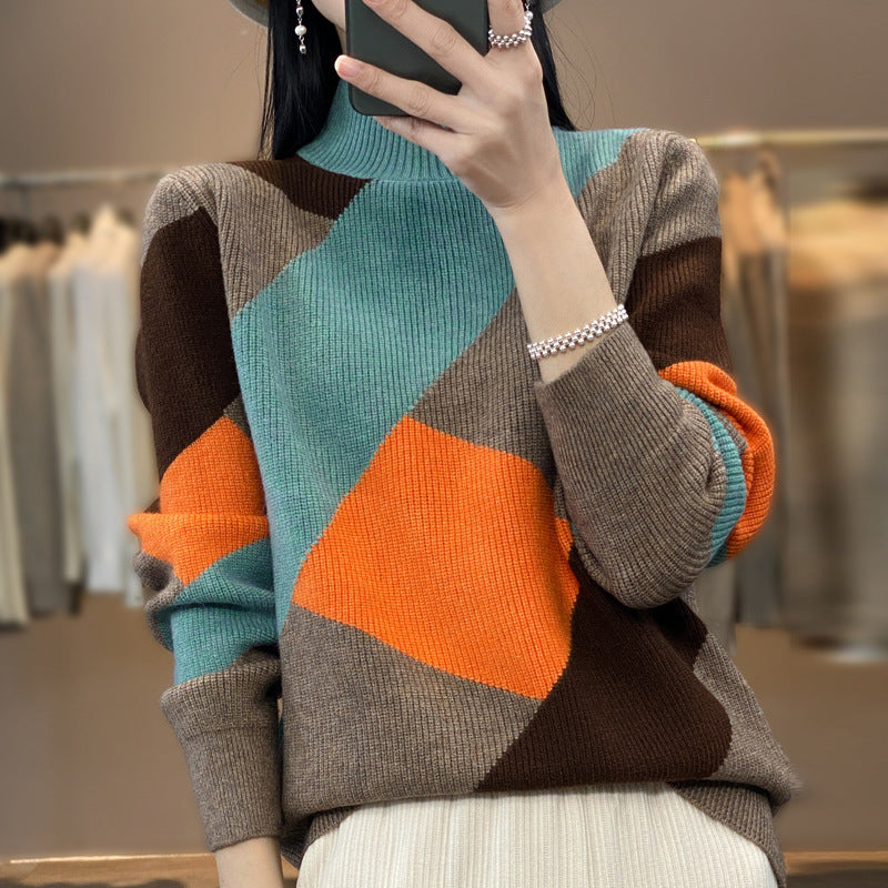 Fall Long Sleeve Half Turtleneck Loose Diamond Color Matching Knitted Sweater (Multiple Colors)