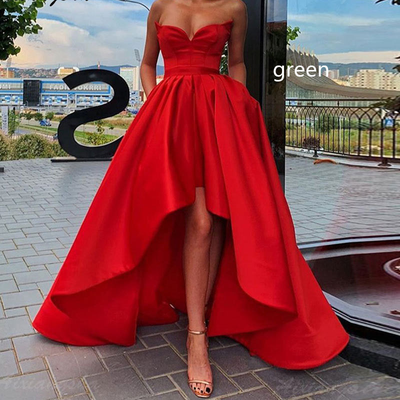 Satin Strapless High Front Long Evening Dress (Multiple Colors)