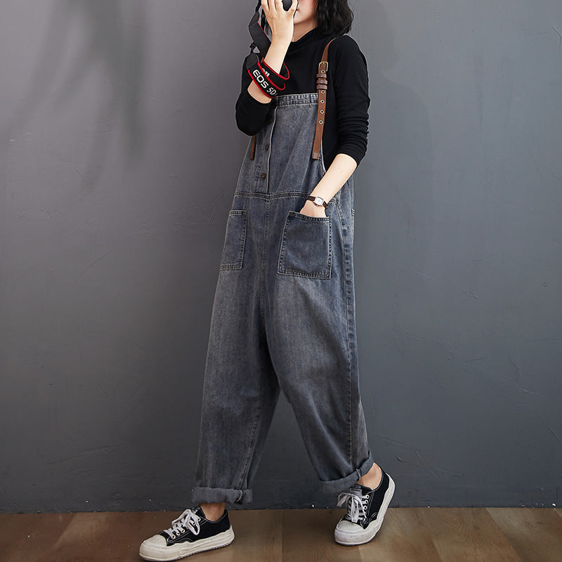 Women's Loose-washed Nine-point Denim Overalls