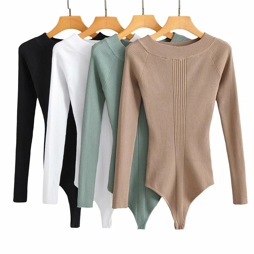 Off-shoulder Knitted Ribbed Body Suit (Multiple Colors)