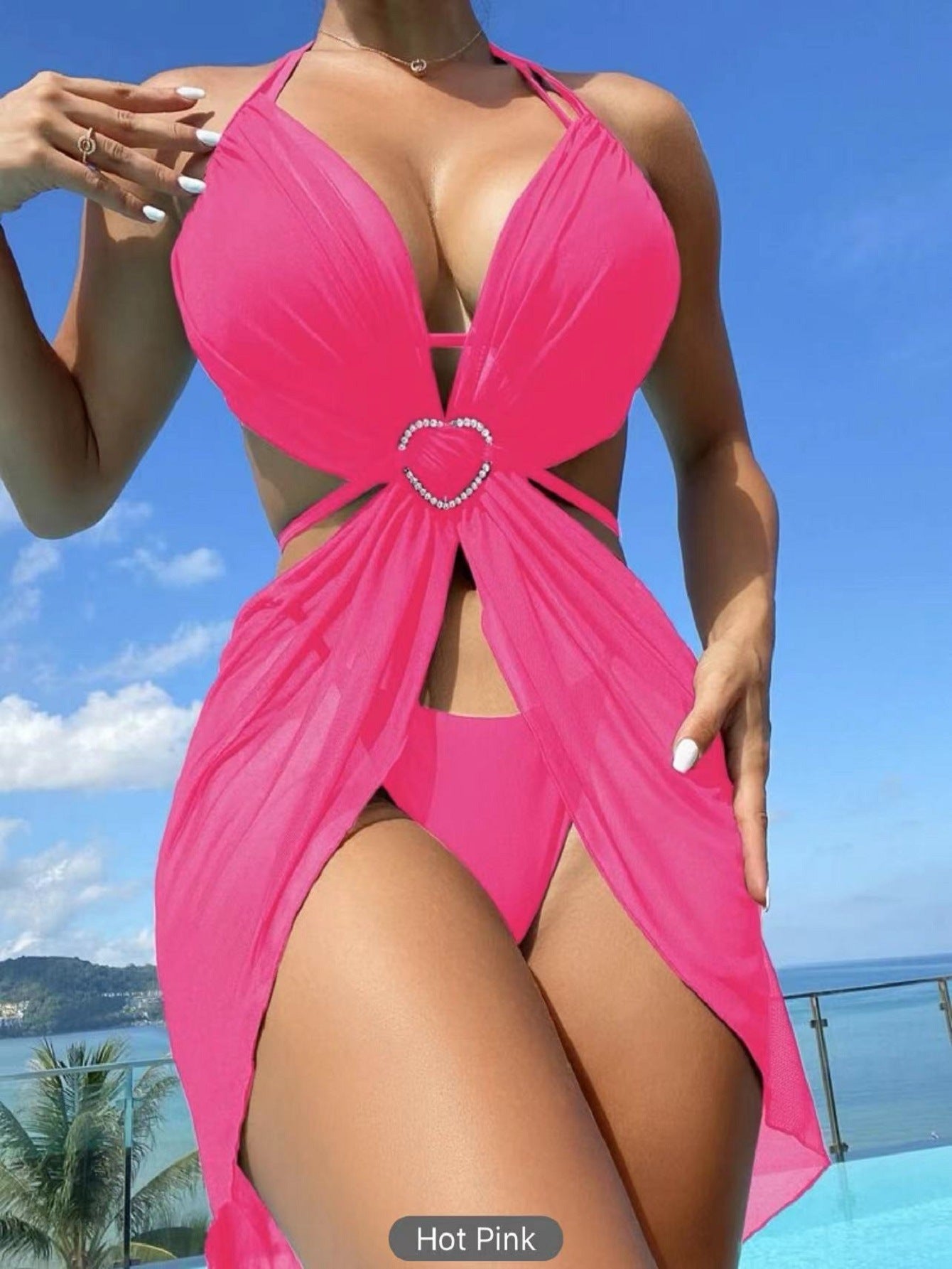 3pcs Halter Neck Bikini Beach Summer Solid Color Split Swimsuit Womens Clothing w/ Rhinestone Heart Clasp (Multiple Colors)