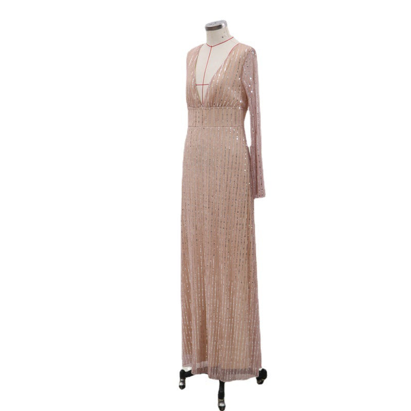 Elegant Deep-V Sequined Long Dress (Tan)