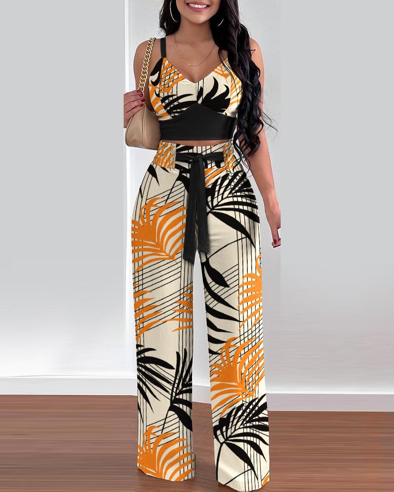 Two-piece Crop Top and High Waisted Wide Leg Pant Set (Multiple Colors/Patterns)