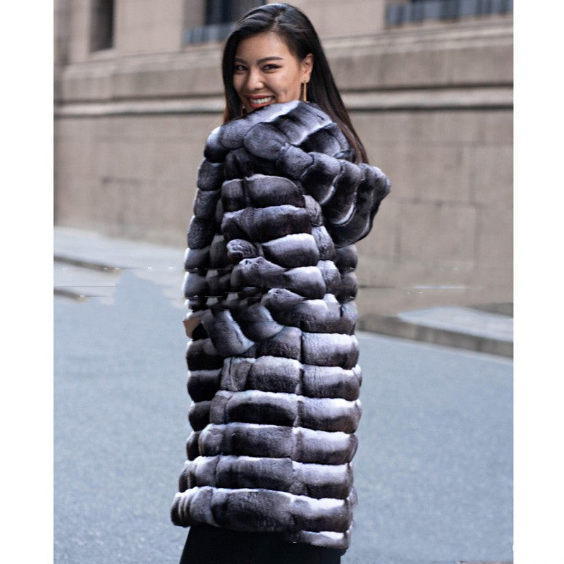 Faux Mink Mid-Length Hooded Coat (Gray/Black) Plus Sizes Available