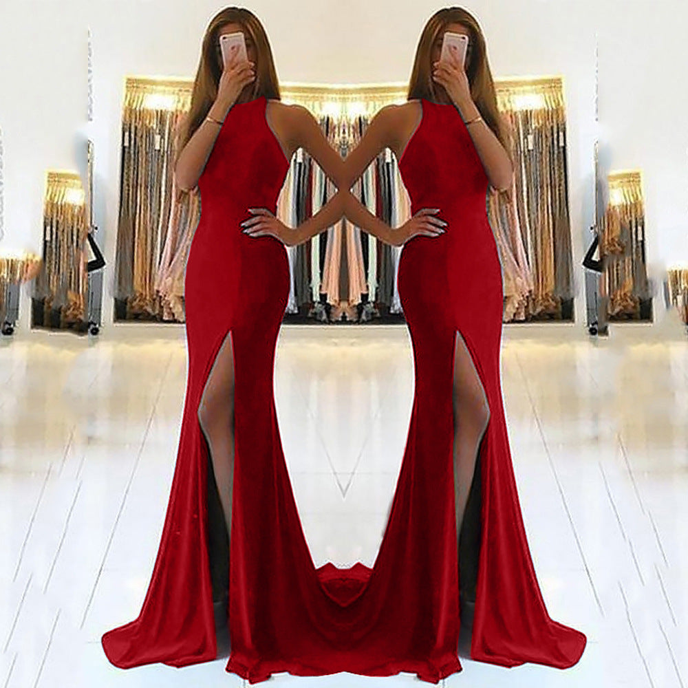 Long Sleeveless Elegant High Slit Evening Dress (Multiple Colors)