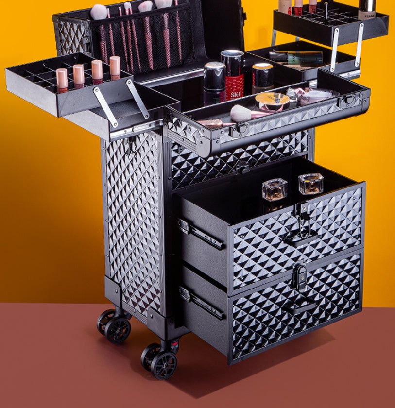 Luxury Aluminum Rolling Makeup Storage Trolley Case (Black)