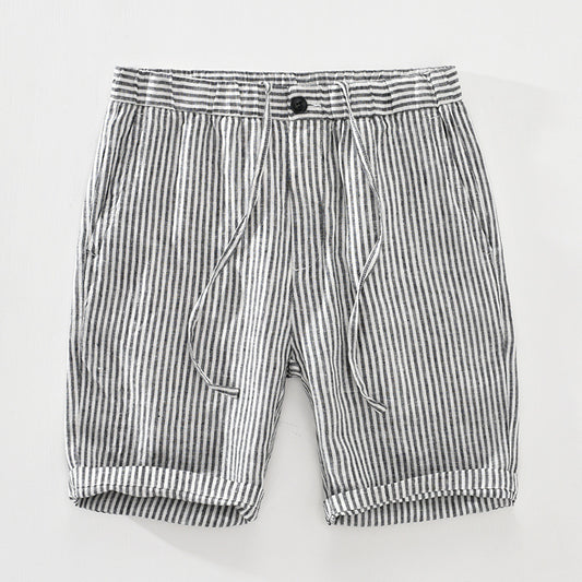 Men's Striped Straight Linen Drawstring Leisure Shorts (Multiple Colors)