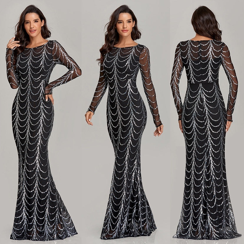 Sequin High Neck Long Sleeve Elegant Maxi Dress (Multiple Colors)