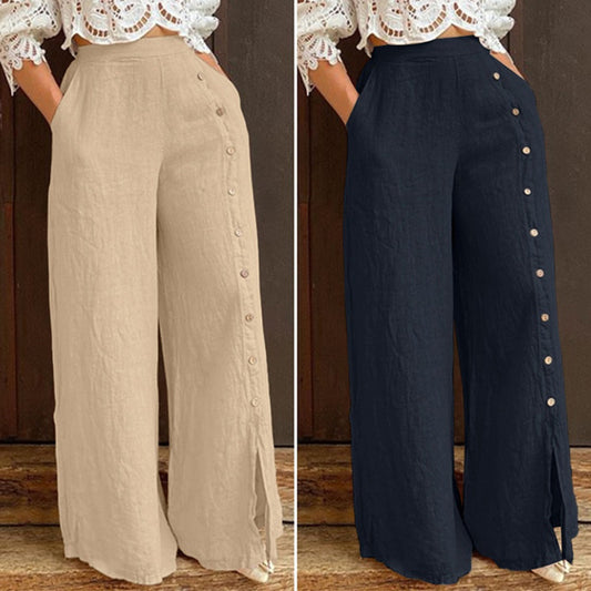 Button Slit Wide Leg High Waist Pants (Multiple Colors)