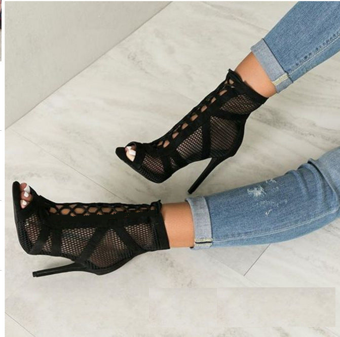 Sexy Mesh Open Toe Lace-Up High Heel Bootie (Black)