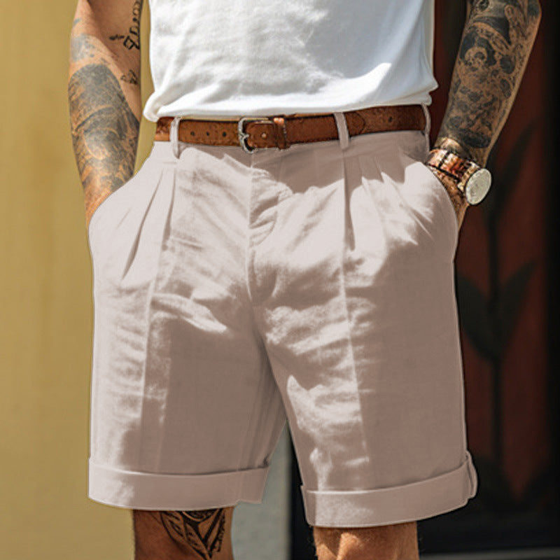 Men's Hemp Cotton Pleated Pocket Straight Leg Shorts (Multiple Colors)