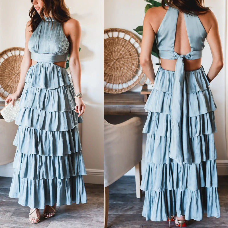 Sleeveless Ruffle Neck Side Cut Out Tiered Long Dress (Blue)