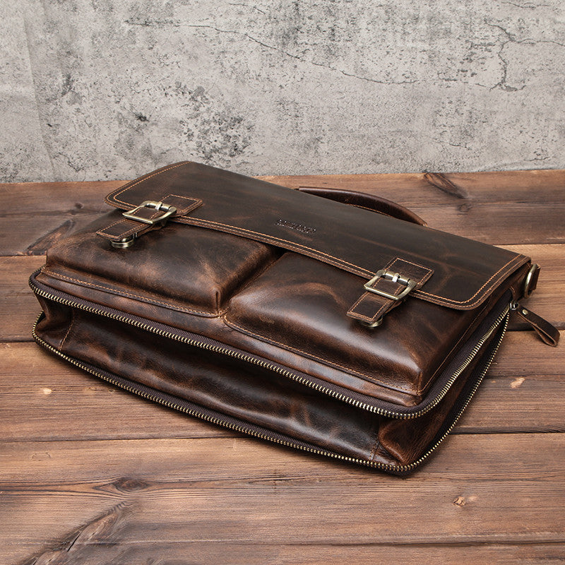 Distressed Genuine Leather Expandable Travel Briefcase (Brown)