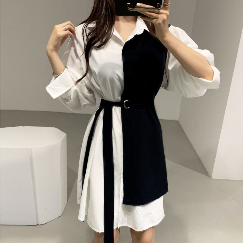 Women's Lapel w/Waist Tie Contrast Shirt Dress (Multiple Colors)