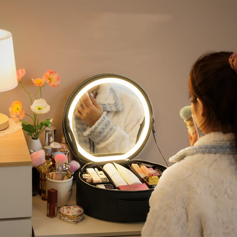 Round Smart LED Makeup Bag With Mirror Lights Cosmetic Case (Multiple Colors)