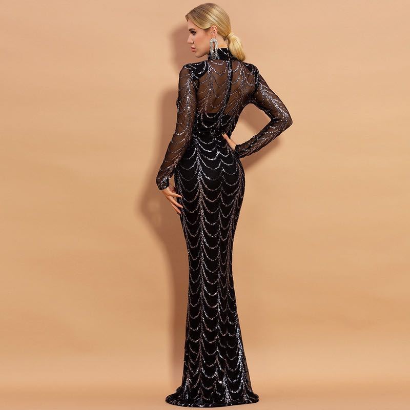 Sequin High Neck Long Sleeve Elegant Maxi Dress (Multiple Colors)