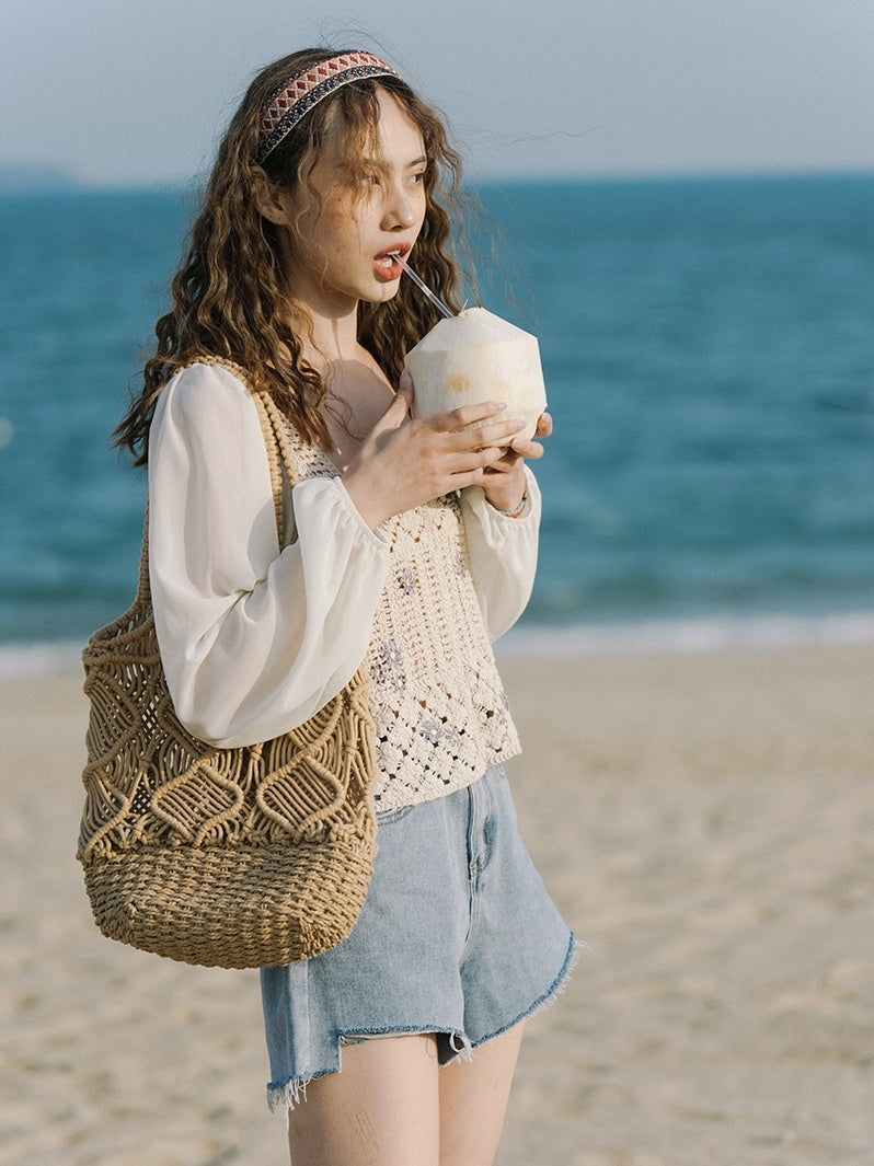 Grass Hollowed Out Hand Woven Shoulder Bag Beach (Natural)