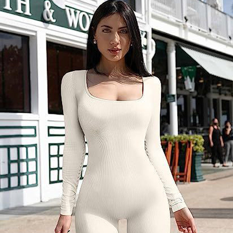 Women's Yoga Sports Fitness Workout Long Sleeve Square Collar Jumpsuit (Multiple Colors)