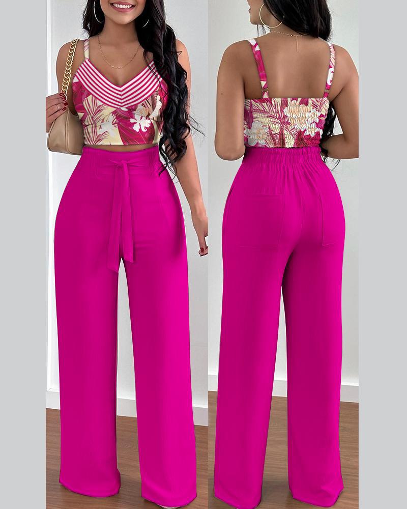 Two-piece Crop Top and High Waisted Wide Leg Pant Set (Multiple Colors/Patterns)