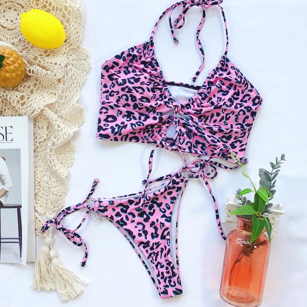 Lace-Up String Bikini (Animal Print/Solid Colors)