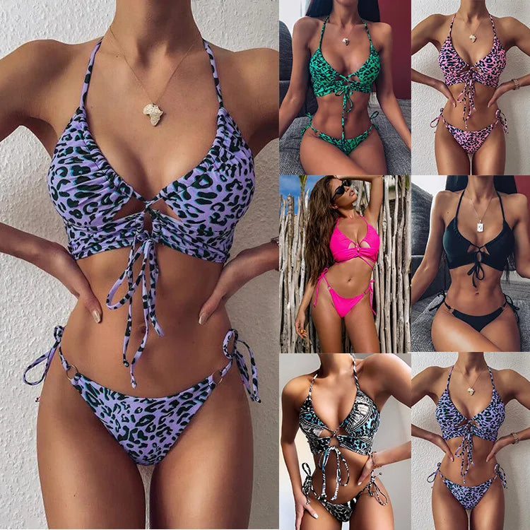 Lace-Up String Bikini (Animal Print/Solid Colors)