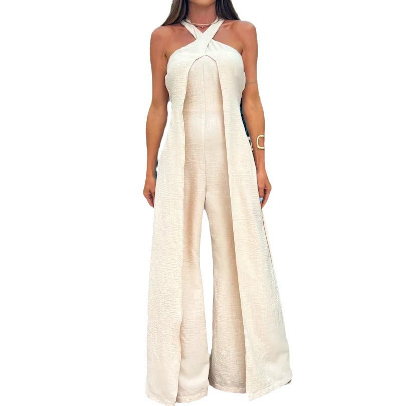 Halter High Waist With Straps Wide Leg Jumpsuit (White)