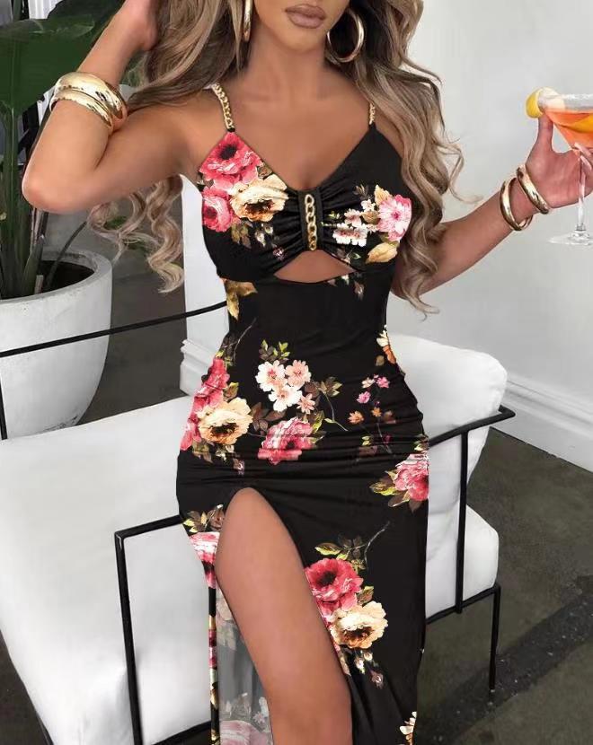 Cut Out Chain Detail Long High Slit Floral Print Dress (Multi)