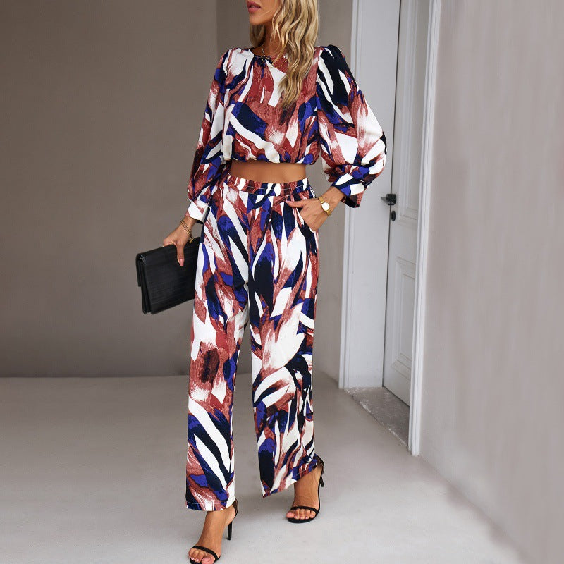 Abstract Print Long Sleeve Crop Top & High Waisted Pant Set (Multiple Colors)