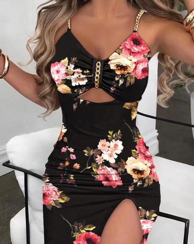 Cut Out Chain Detail Long High Slit Floral Print Dress (Multi)