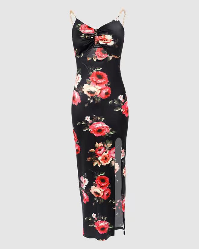 Cut Out Chain Detail Long High Slit Floral Print Dress (Multi)