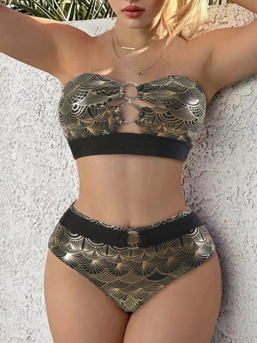 Metallic Stitch Push Up Sexy Swimsuit High Waist (Gold/Black) (Multiple Styles)