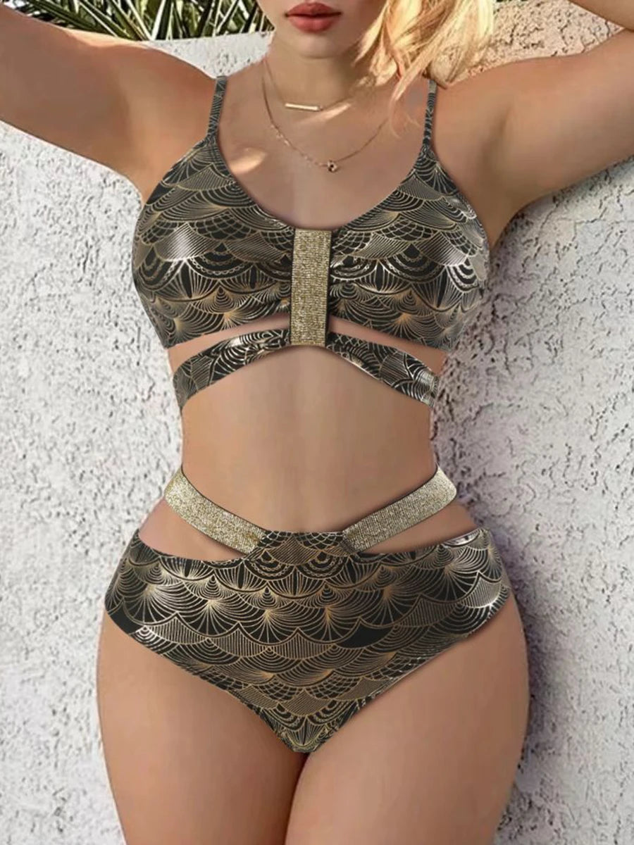 Metallic Stitch Push Up Sexy Swimsuit High Waist (Gold/Black) (Multiple Styles)