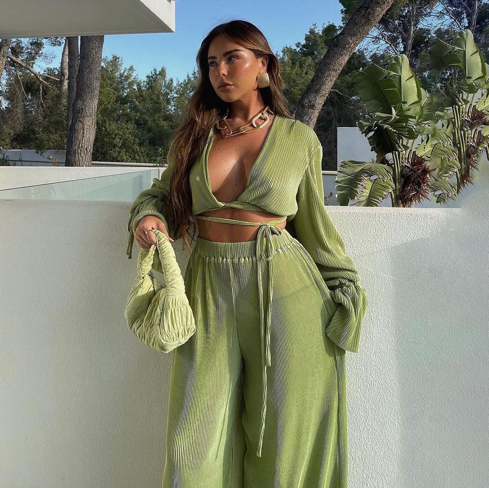 Two Piece Tie Crop Top w/Bell Sleeve and High Waist Loose Pant Set (Multiple Colors)