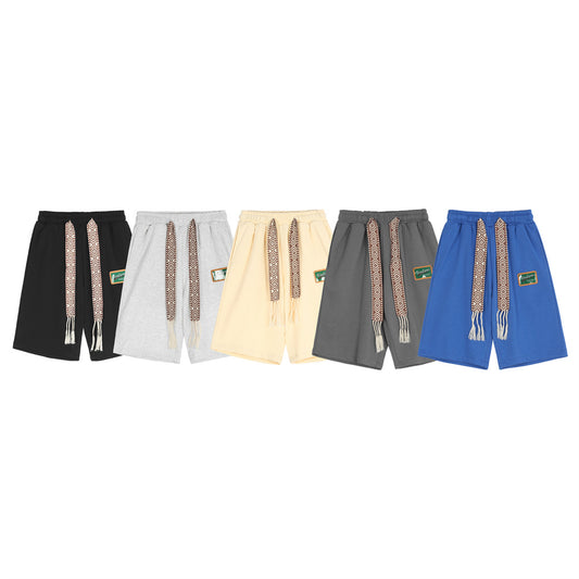 Cotton Embroidered Waist Tassel Elastic Waist Patch Shorts (Multiple Colors)