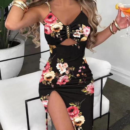 Cut Out Chain Detail Long High Slit Floral Print Dress (Multi)