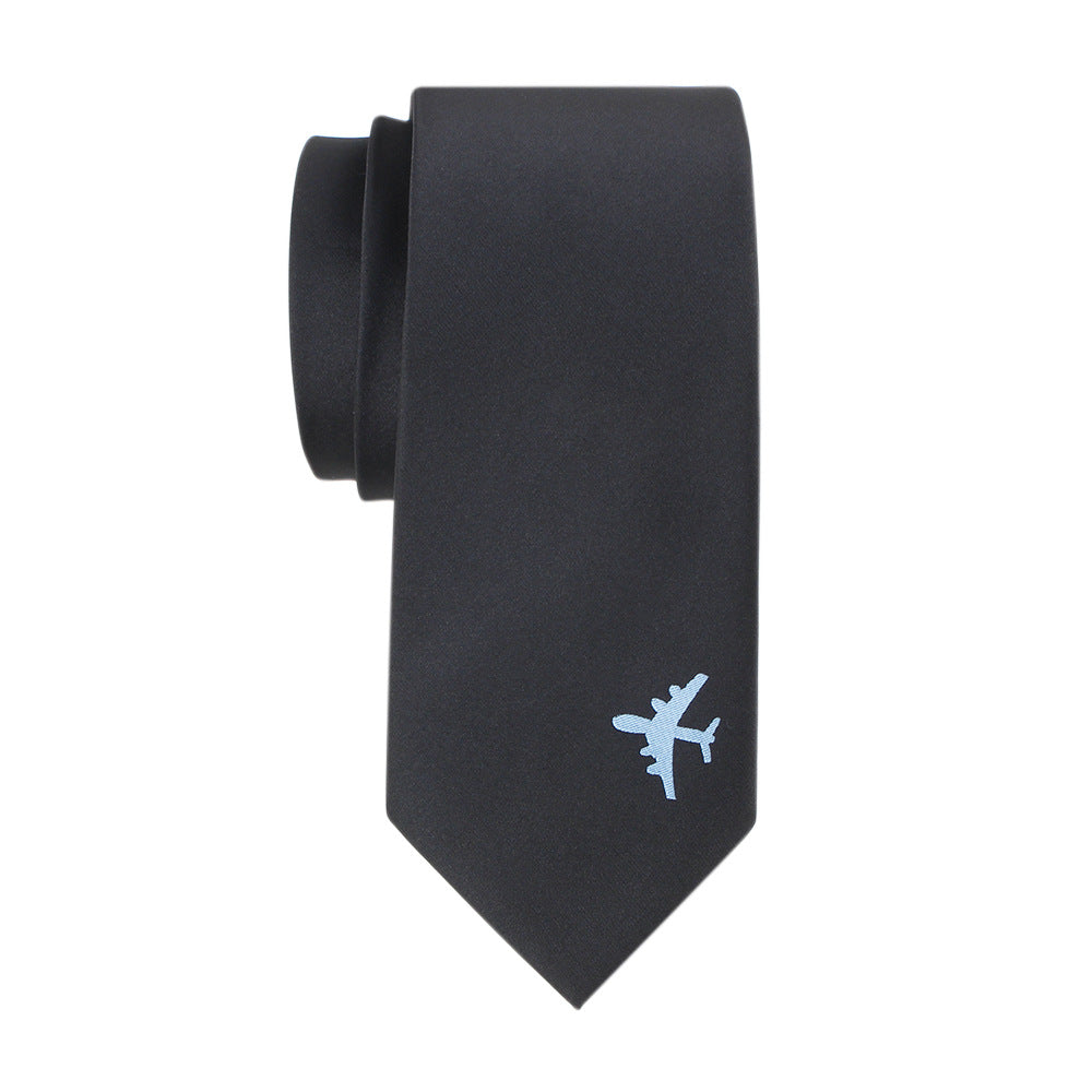 Yarn-dyed Jacquard Men's Tie w/Embroidered "Plane" Detail (Black)