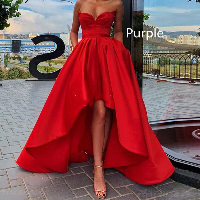 Satin Strapless High Front Long Evening Dress (Multiple Colors)