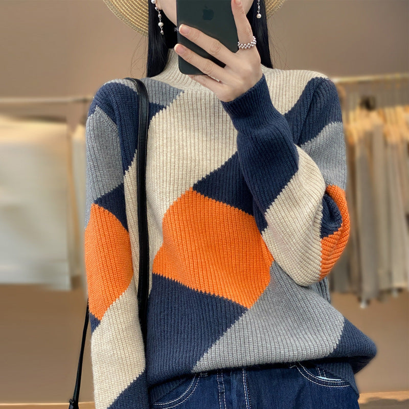 Fall Long Sleeve Half Turtleneck Loose Diamond Color Matching Knitted Sweater (Multiple Colors)