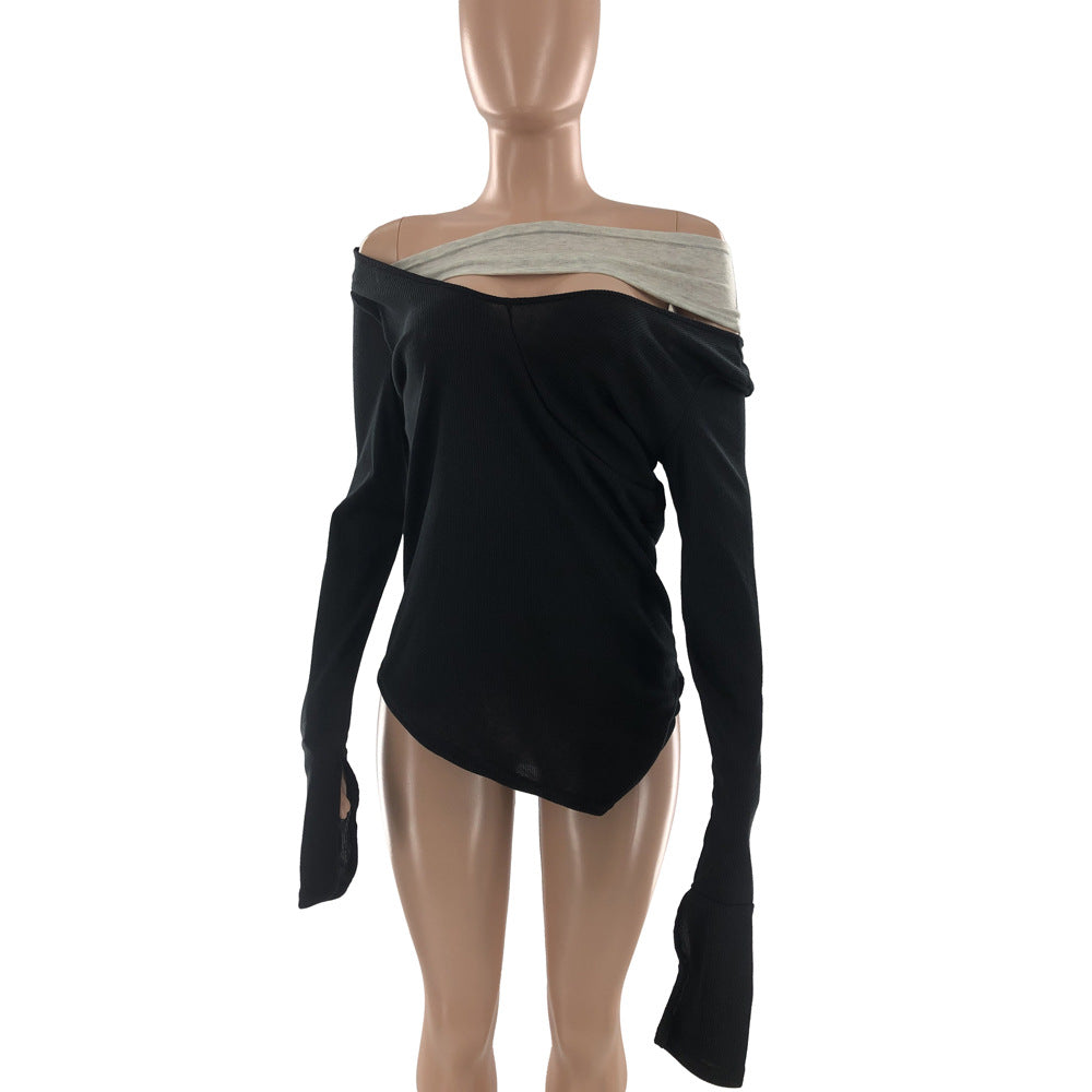 One Shoulder Patchwork Contrast Top w/Elongated Sleeves (Multiple Colors)