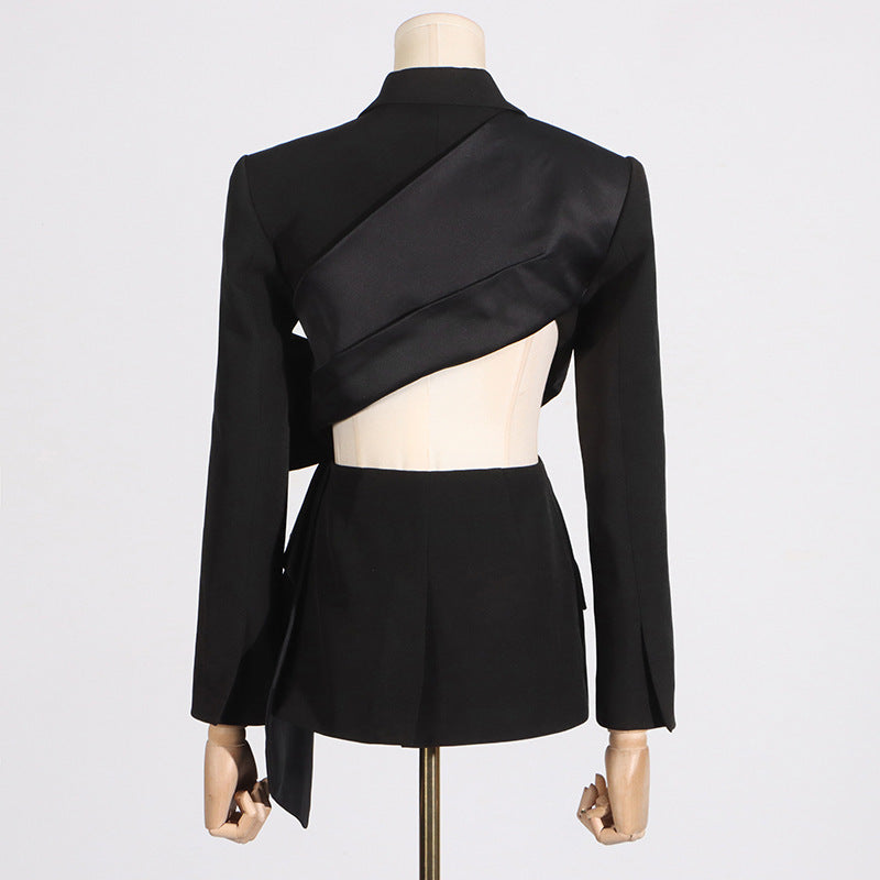 Fashion Sexy V-neck Midriff Bow  Lace-up Waist Tight Suit Jacket (Black)