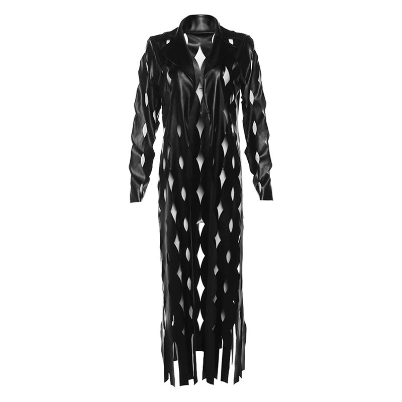 Women's Cut-Out Long Trench Coat (Black)