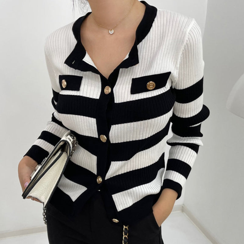 Contrast Stripe Design Long Sleeve Knitted Cardigan Woman (Multiple Colors)