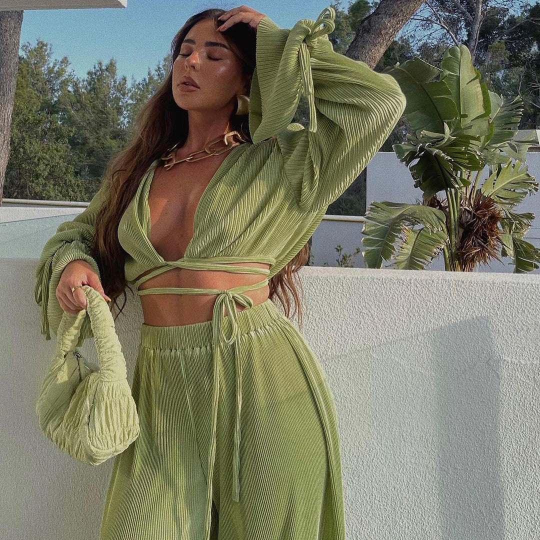 Two Piece Tie Crop Top w/Bell Sleeve and High Waist Loose Pant Set (Multiple Colors)