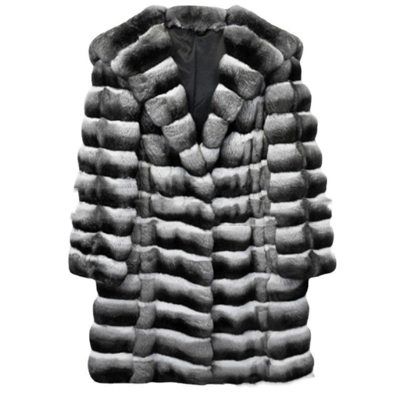 Faux Mink Mid-Length Hooded Coat (Gray/Black) Plus Sizes Available