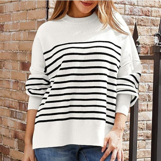 High Cuff Side Vent Oversized Stripe Women's Sweater (Multiple Colors)